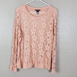 Adrianna Papell Lace Front Blush Scoop Neck Long Sleeve Top L